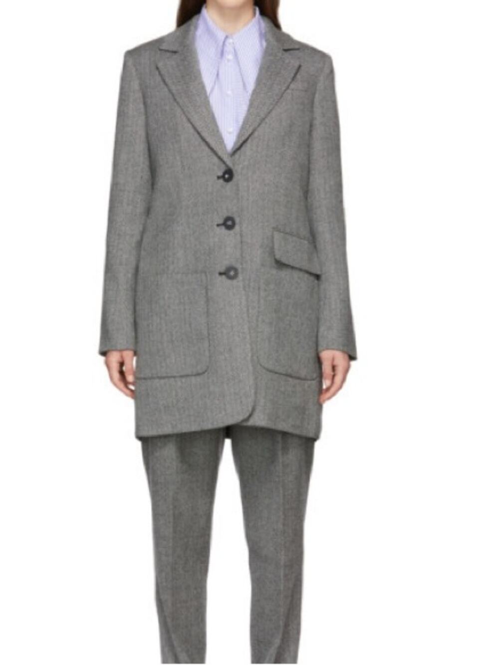 Tibi Grey Herringbone Virgin Wool Car Coat Mid Length Relaxed Blazer Size 10
